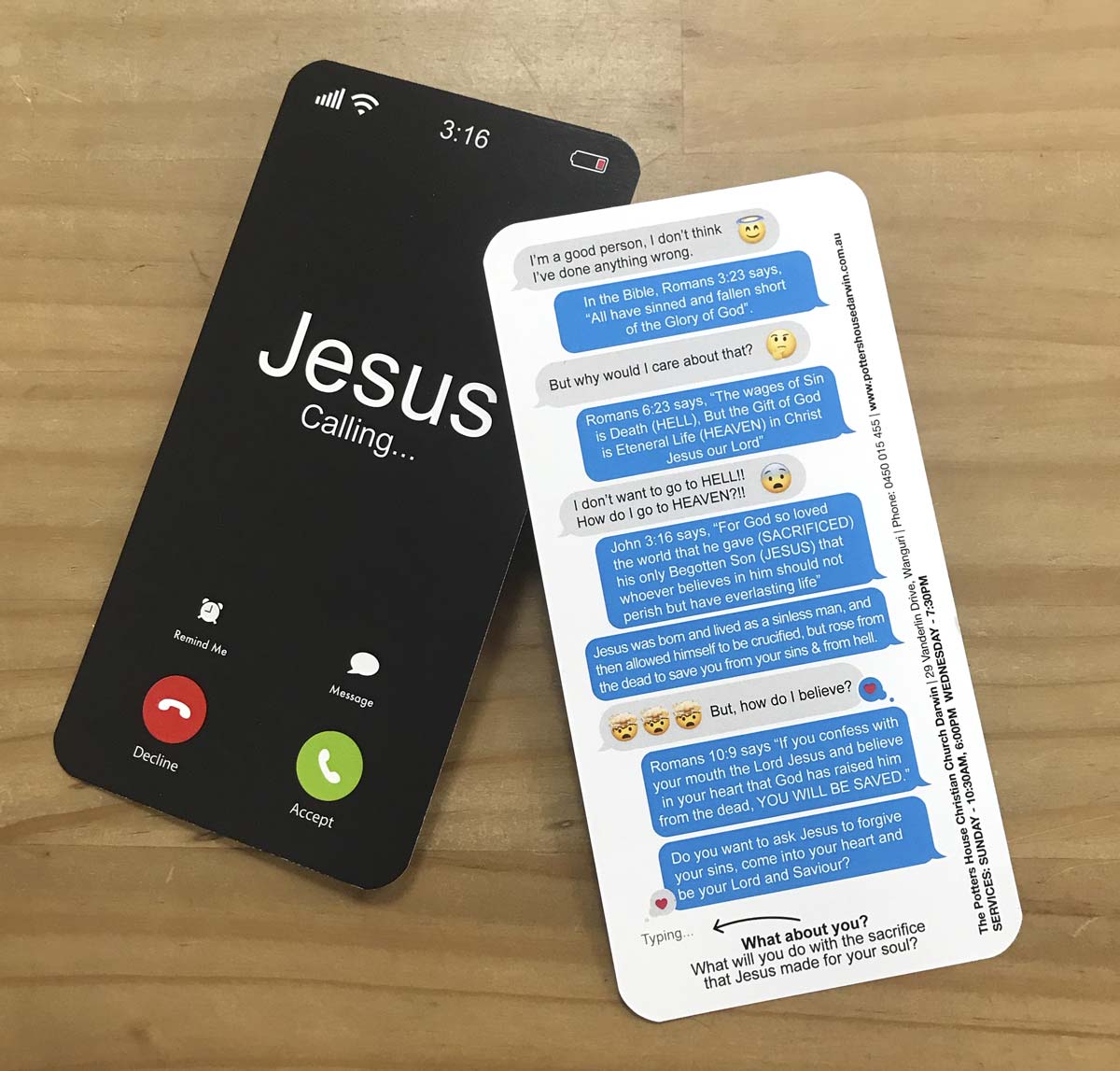 Christian Evangelism Bible Flyer shows a printed card that looks like a mobile phone call with a text exchange not the back.